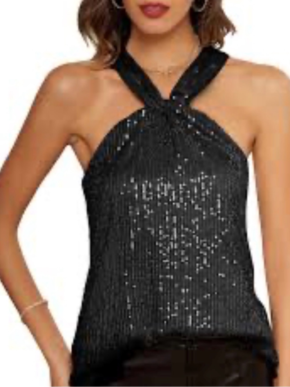 Grace Karin Black Sequin Cross-Neck Halter Top